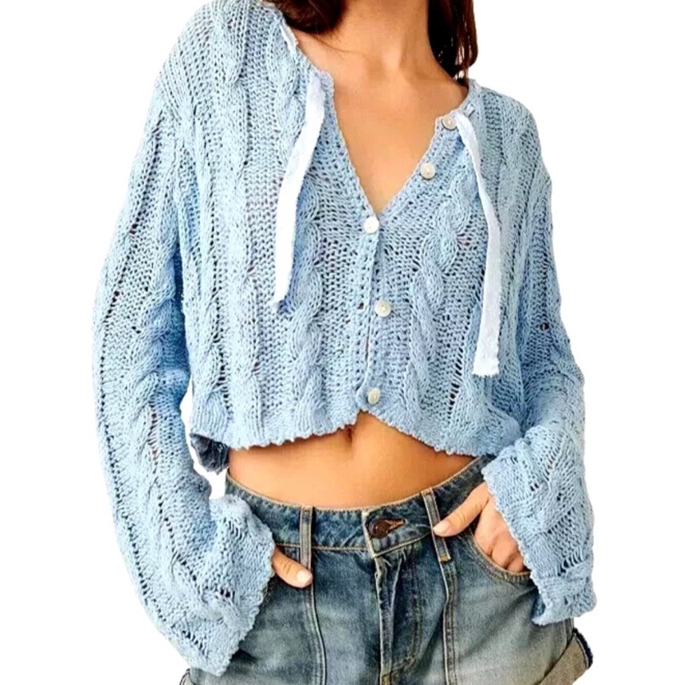 Free People Light Blue Cropped Cable Knit Cardigan